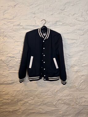 Sandro Black Bomber-Style Varsity Jacket with White Trim